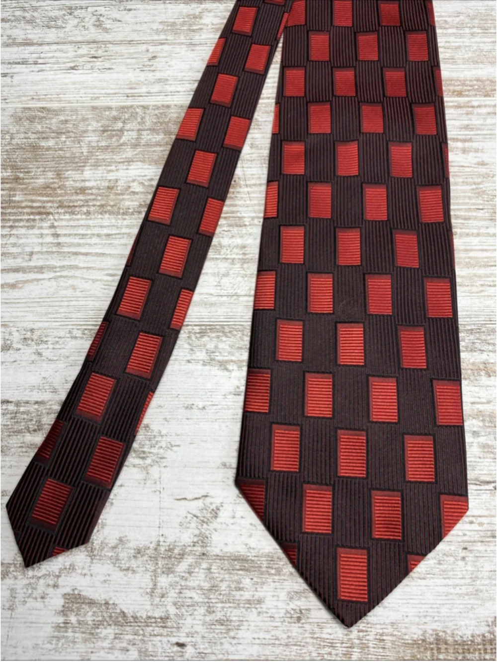 Woodward Italy Silk Necktie Vintage 1990s Red Black Geometric Box Pattern 4”